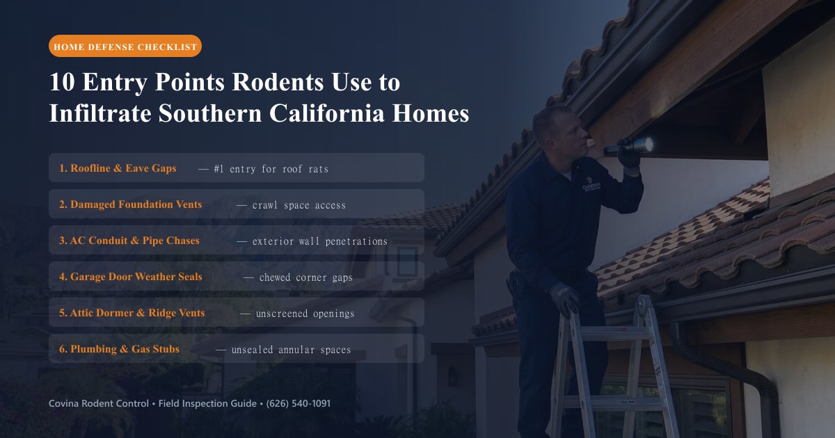 Home defense checklist showing 10 common rodent entry points into Southern California homes