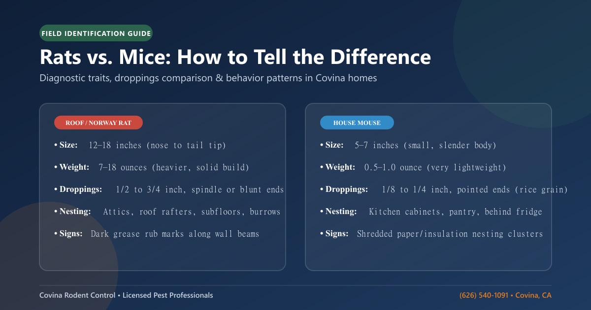 Field identification guide comparing rats vs mice sizes, droppings, and behavior